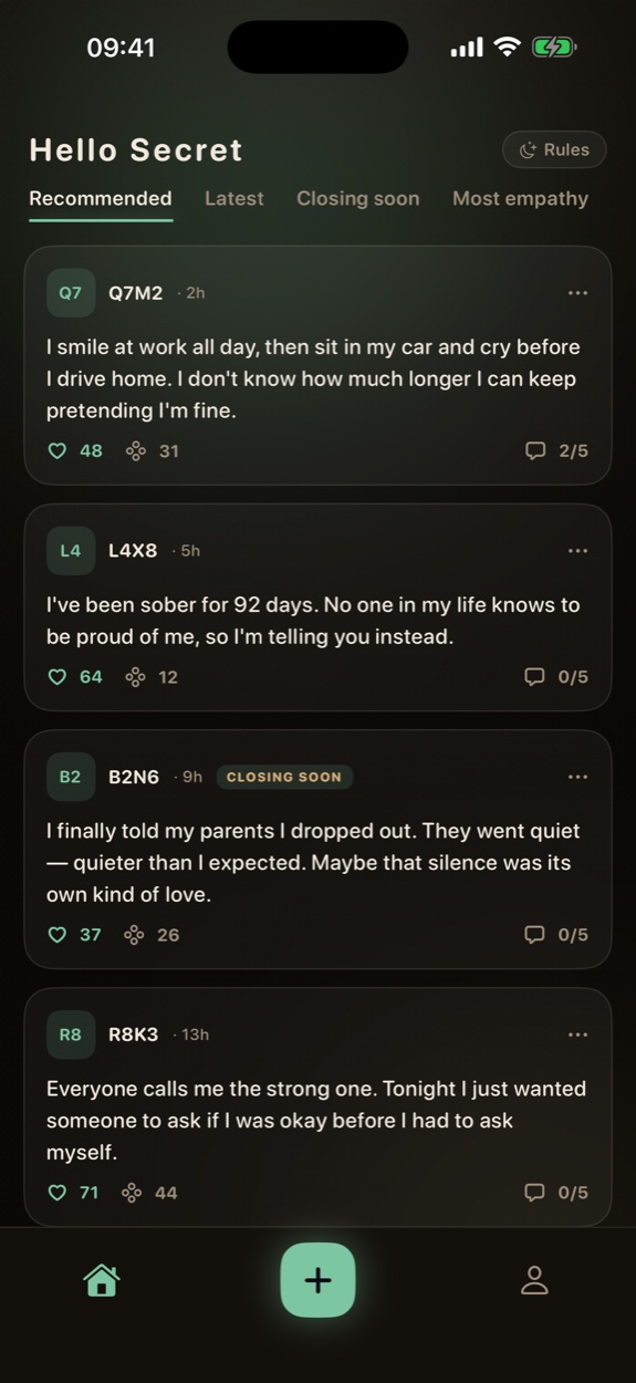 HelloSecret feed screen