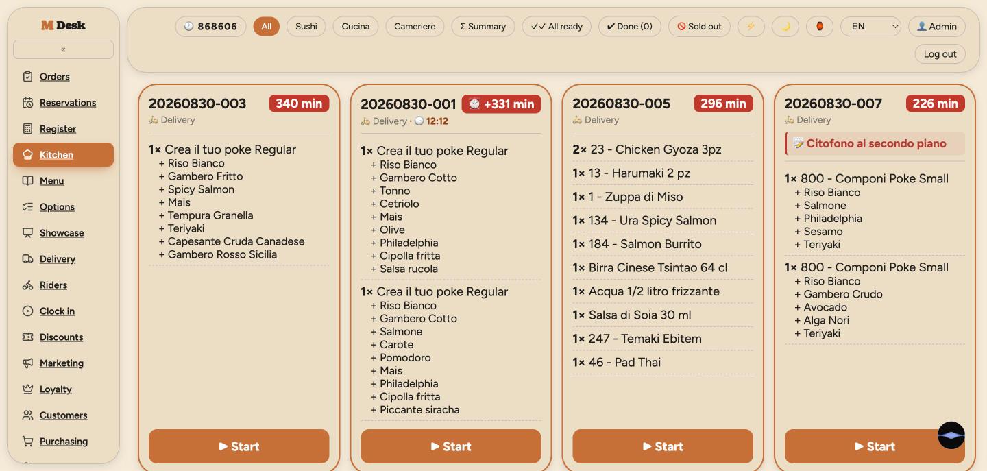 Kitchen screen with one card per order and a waiting timer