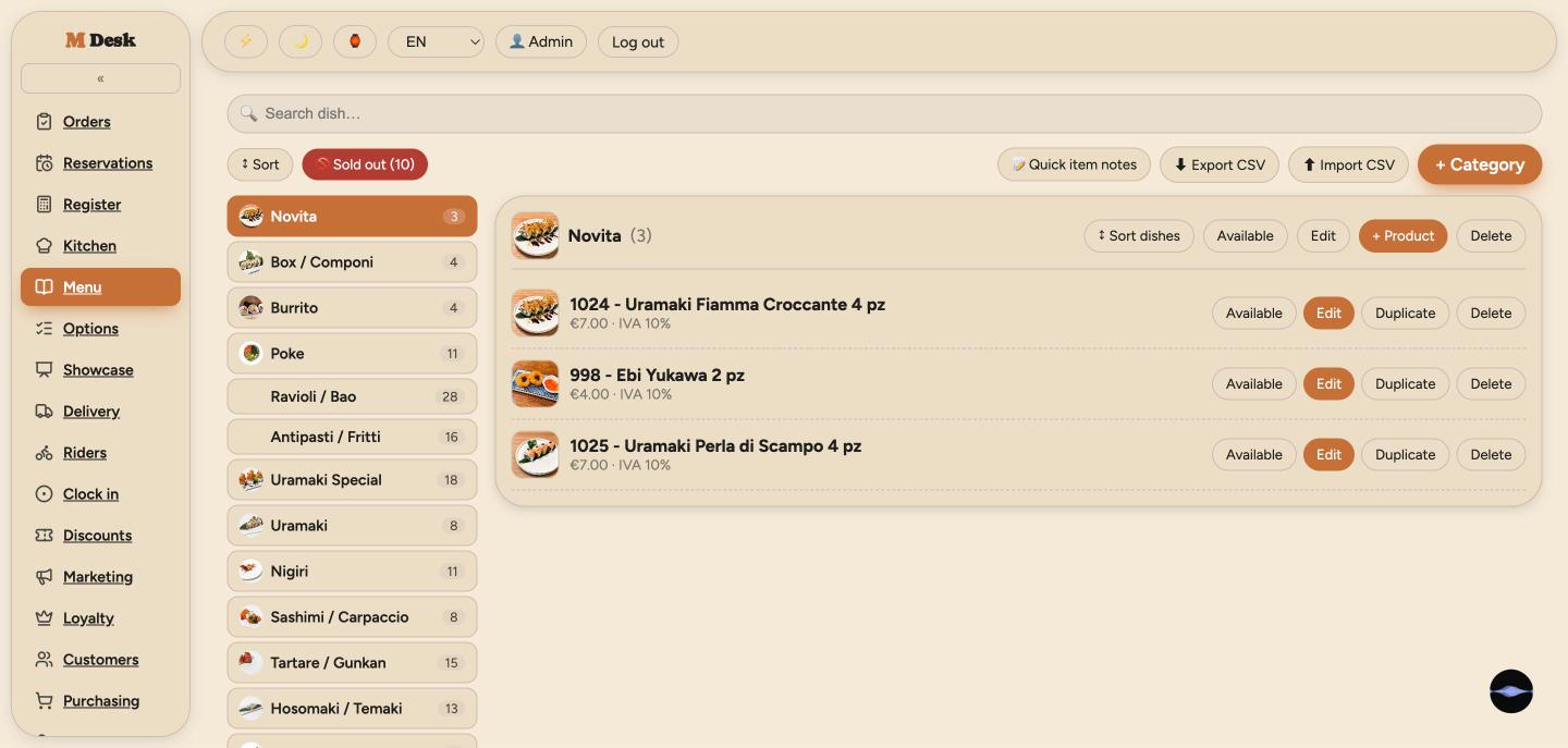 Menu editor with categories, dishes and CSV import