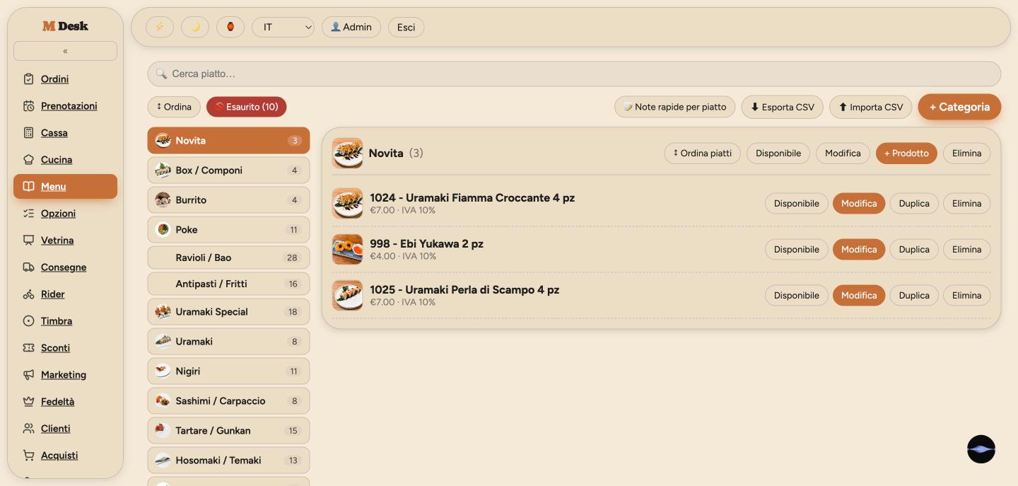 Editor del menu con categorie, piatti e import CSV