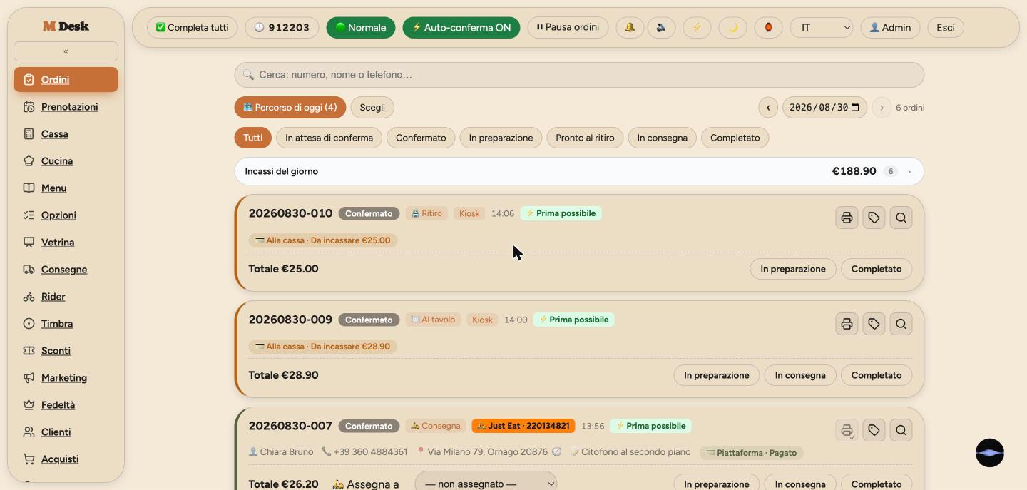 Bacheca ordini: sito, chiosco e Just Eat sullo stesso schermo