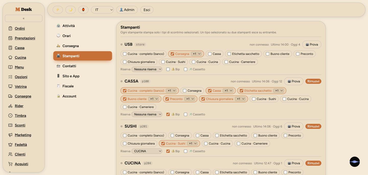 Ogni stampante abbonata ai tipi di comanda che deve stampare