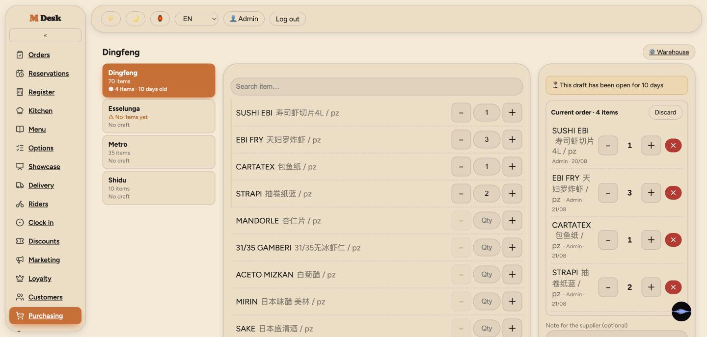 Shared purchasing draft with bilingual supplier items